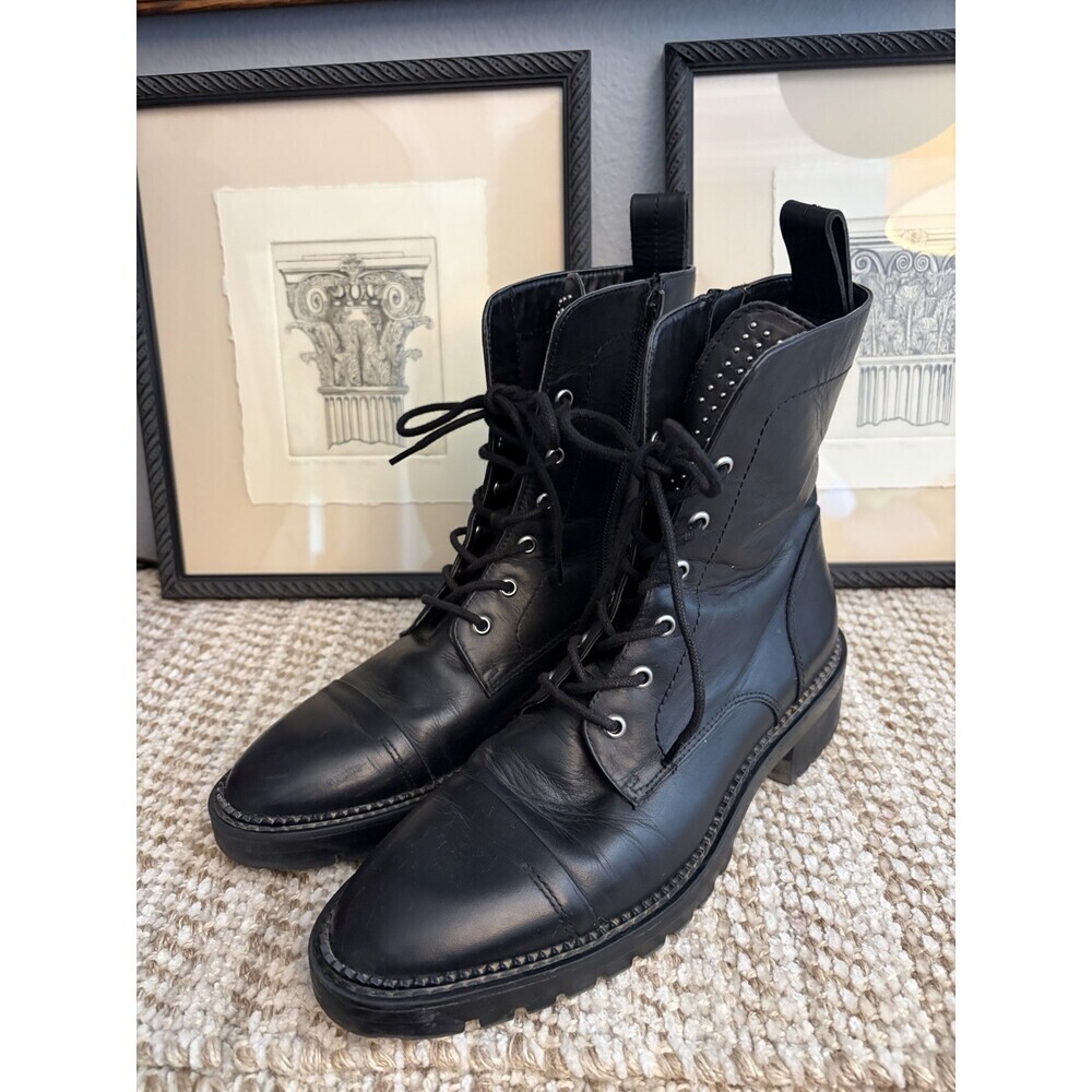 Zara WMN Black Leather Studded PUNK Y2K Round Lace-up Combat Boots US7-7.5 EU 37
